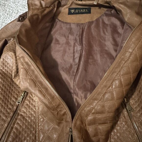 Guess Jacket Womens Medium Brown Quilted Faux Leather Moto Stand Collar Zipper - Picture 8 of 13